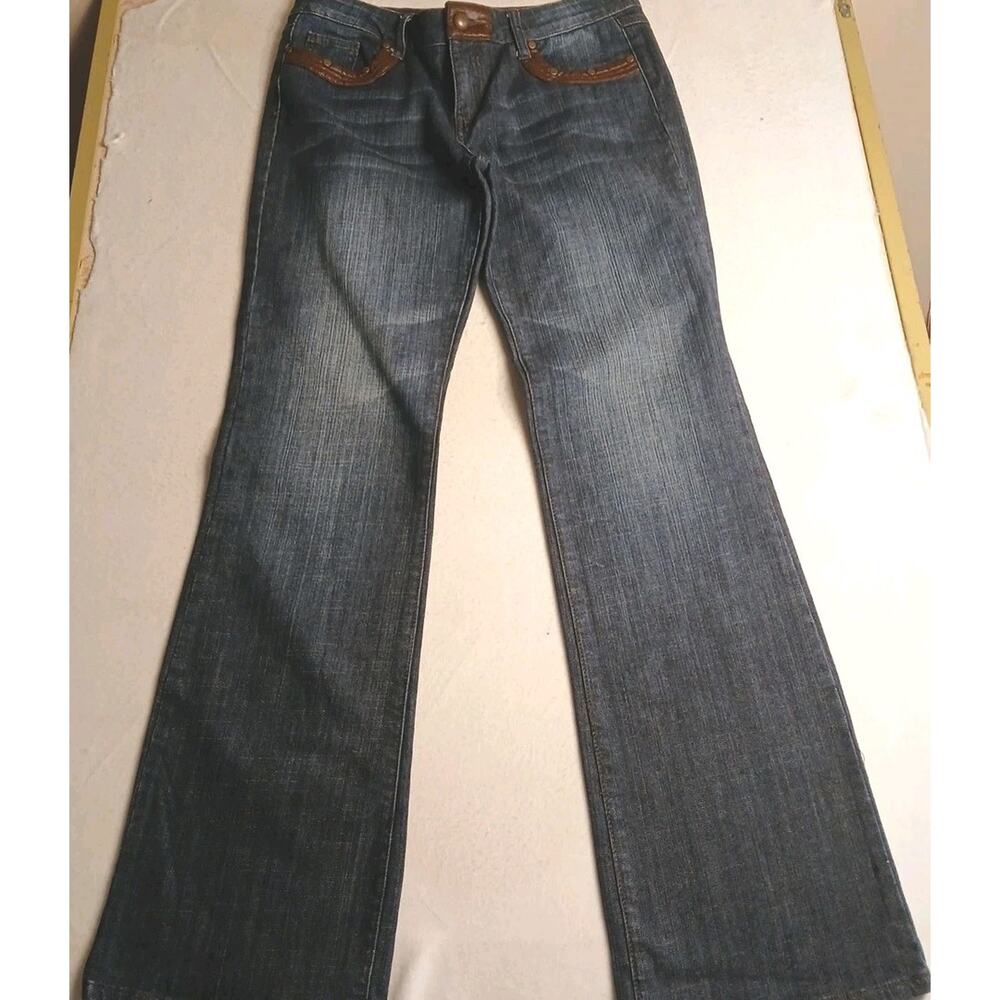 Mesmerize Womens Jeans Size 10 Flare Leg Leather Look Trim EUC